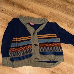 Woman Within Navy and Olive Cardigan with Stripes